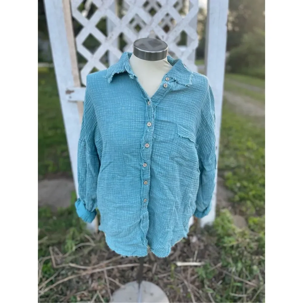 Zenana Blue Felicity Gauze Button Down Shacket Jacket Small Boutique New
